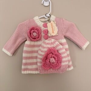 Huggalugs Pink & White Striped Knit Baby Dress & Hat Flower 0-6 months NEW w tag